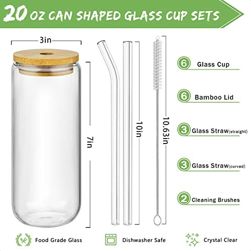 20 oz can shaped glass cup set with bamboo lid, glass straw, and cleaning brush.