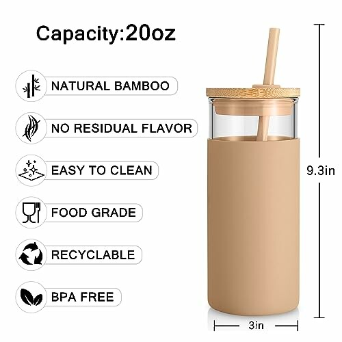 20oz bamboo glass tumbler with lid and straw, easy to clean, food grade, recyclable, BPA free.