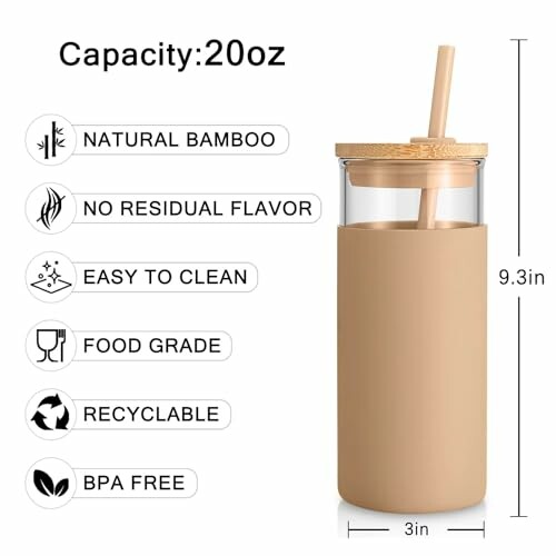 Bamboo tumbler with lid and straw, 20oz capacity, features natural bamboo, no residual flavor, easy to clean, food grade, recyclable, BPA free.