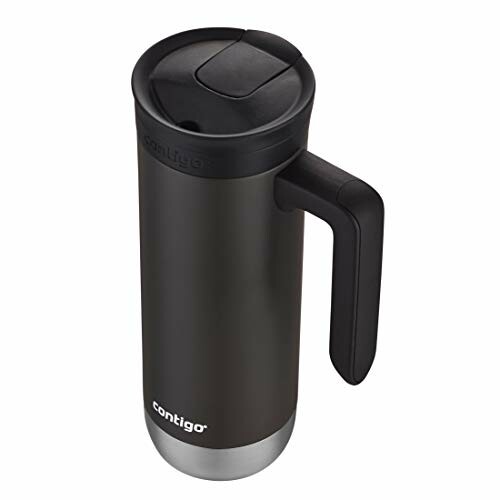 Black insulated travel mug with handle and lid