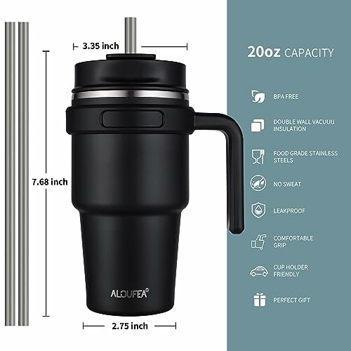 Black travel mug with straw and features listed, including 20oz capacity and ergonomic handle.