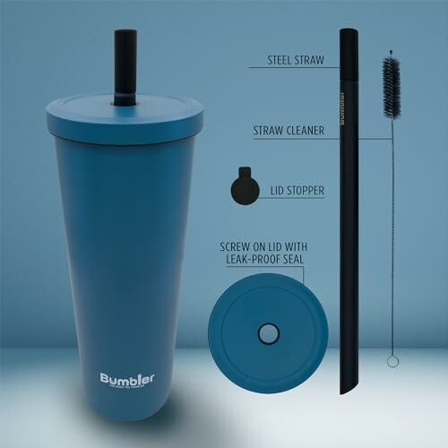 Blue tumbler with lid, steel straw, straw cleaner, and lid stopper