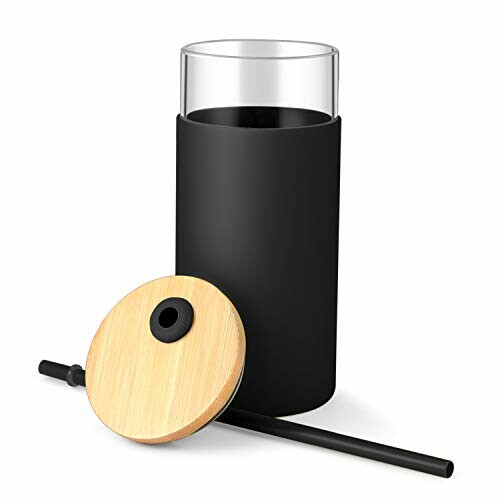 Glass tumbler with black sleeve, bamboo lid, and straw.