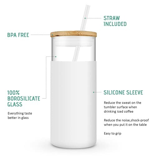 Glass tumbler with silicone sleeve and straw.