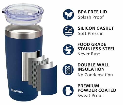 Blue insulated stainless steel tumbler with features: BPA free lid, silicon gasket, food grade stainless steel, double wall insulation, premium powder coated.