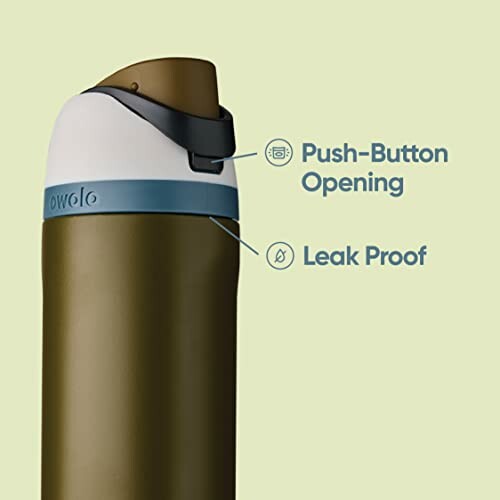 Insulated water bottle with push-button opening and leak-proof design.