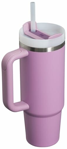 Pink tumbler cup with handle and straw