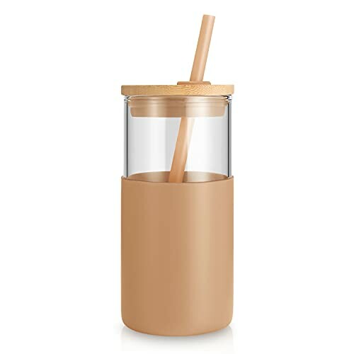 Reusable glass tumbler with bamboo lid and straw