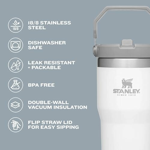 Stanley travel mug features listed, including stainless steel, dishwasher safe, leak resistant, BPA free, vacuum insulation, and flip straw lid.