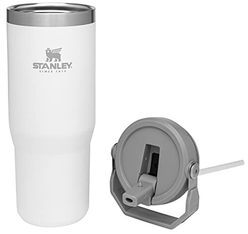 White Stanley tumbler with gray lid and straw