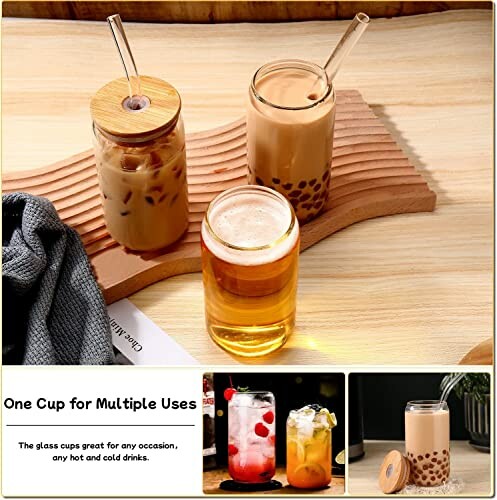 Versatile glass cups with wooden lids and straws for hot and cold drinks.