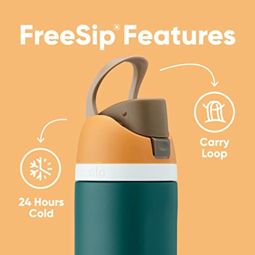 Reusable water bottle with FreeSip features, 24 hours cold, and carry loop