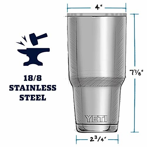 YETI stainless steel tumbler with measurements and durability icon.