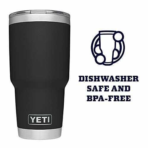 Black Yeti tumbler labeled dishwasher safe and BPA-free.